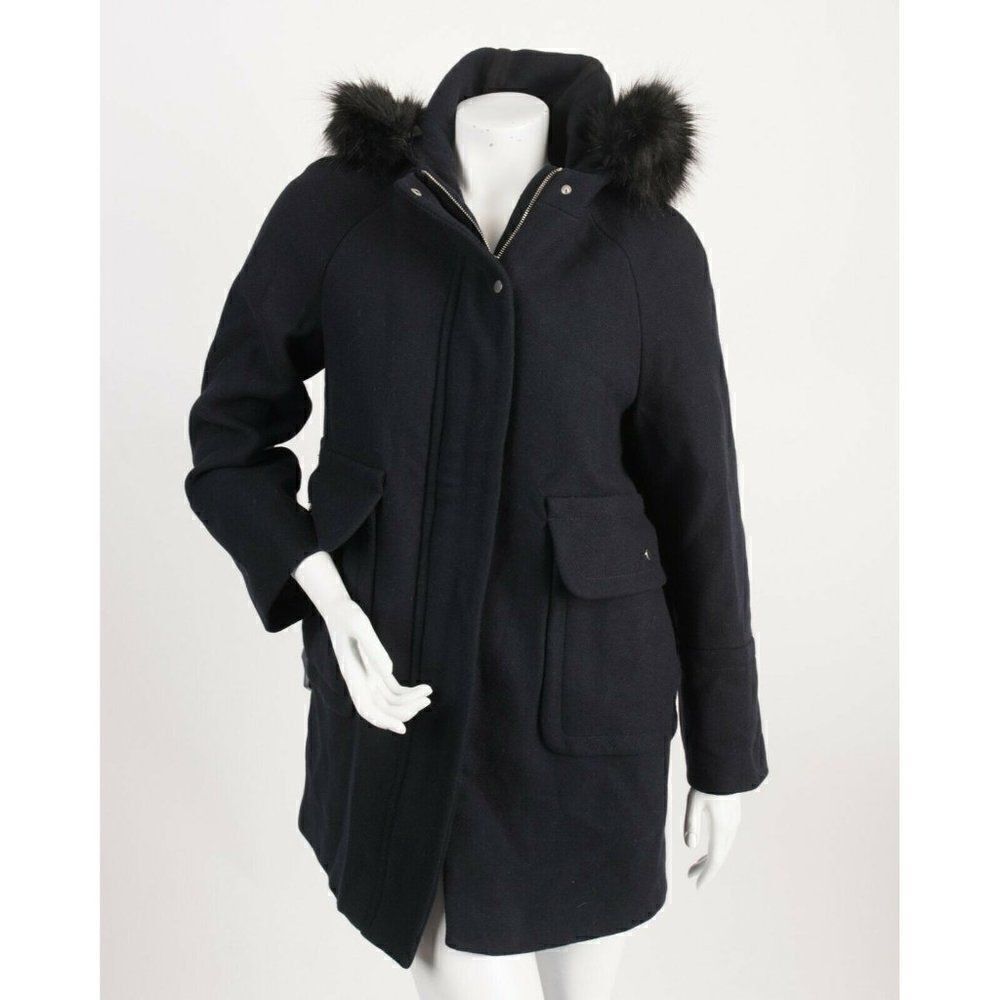 Zara Womens Navy Blue Wool Coat Jacket S Faux Fur